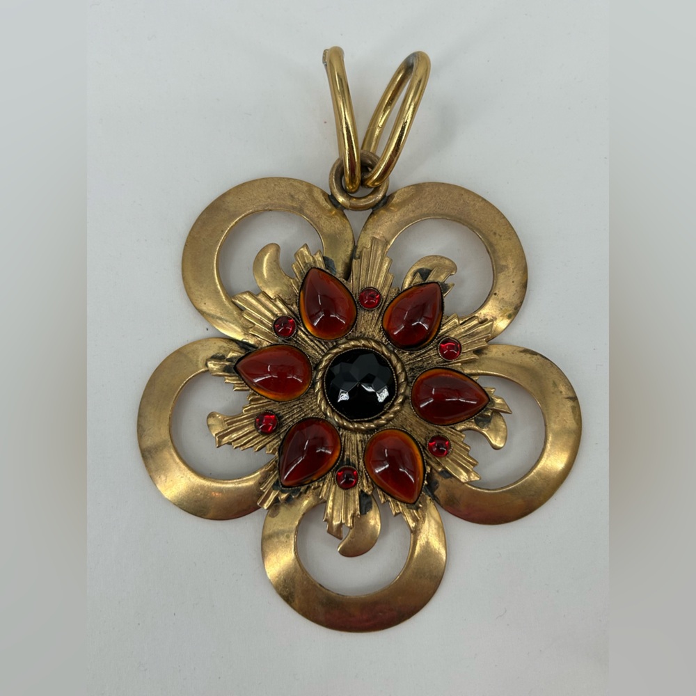Vintage Butler & Wilson Gold Flower Pendant Necklace with Red and Black Stones‎